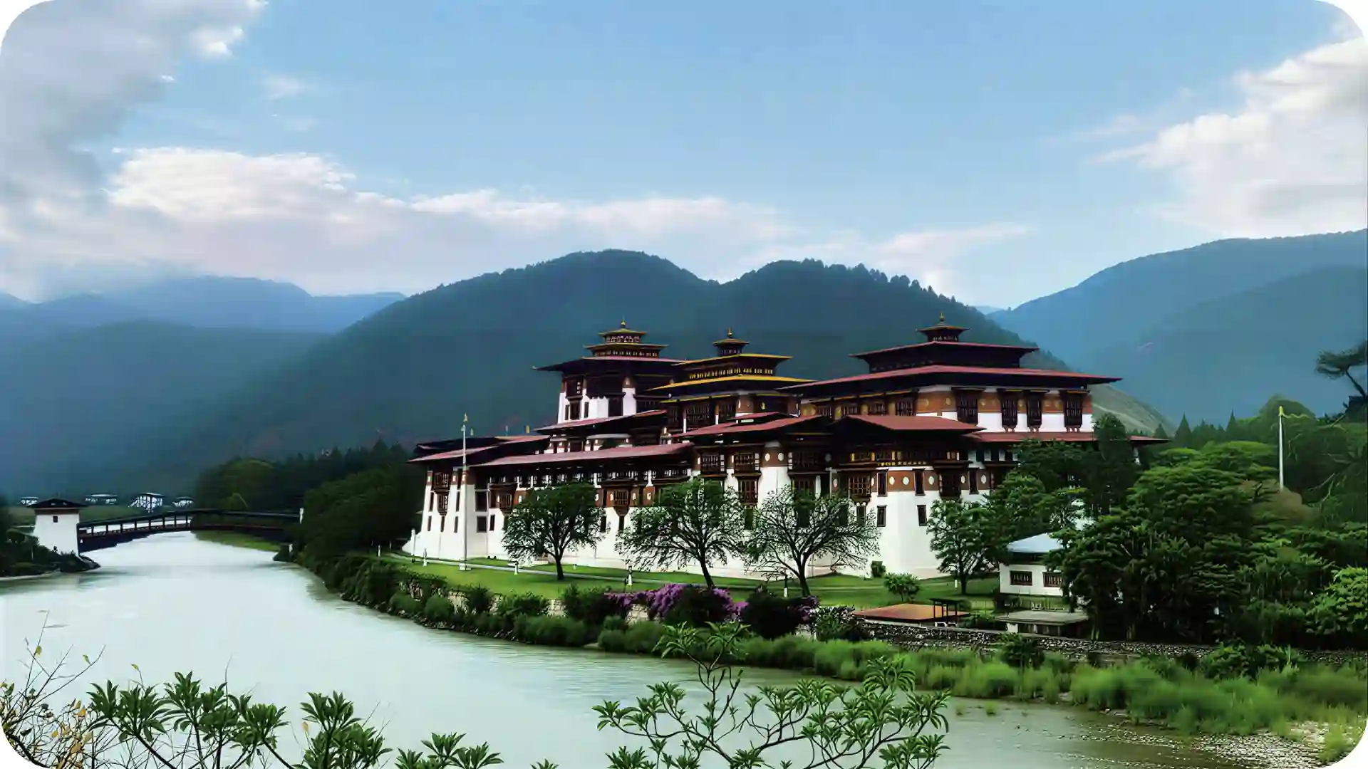 Punakha Dzong in Bhutan reflected by the river with lush greenery and blue mountain backdrop, ideal for Bhutan offbeat tour packages and cultural holidays