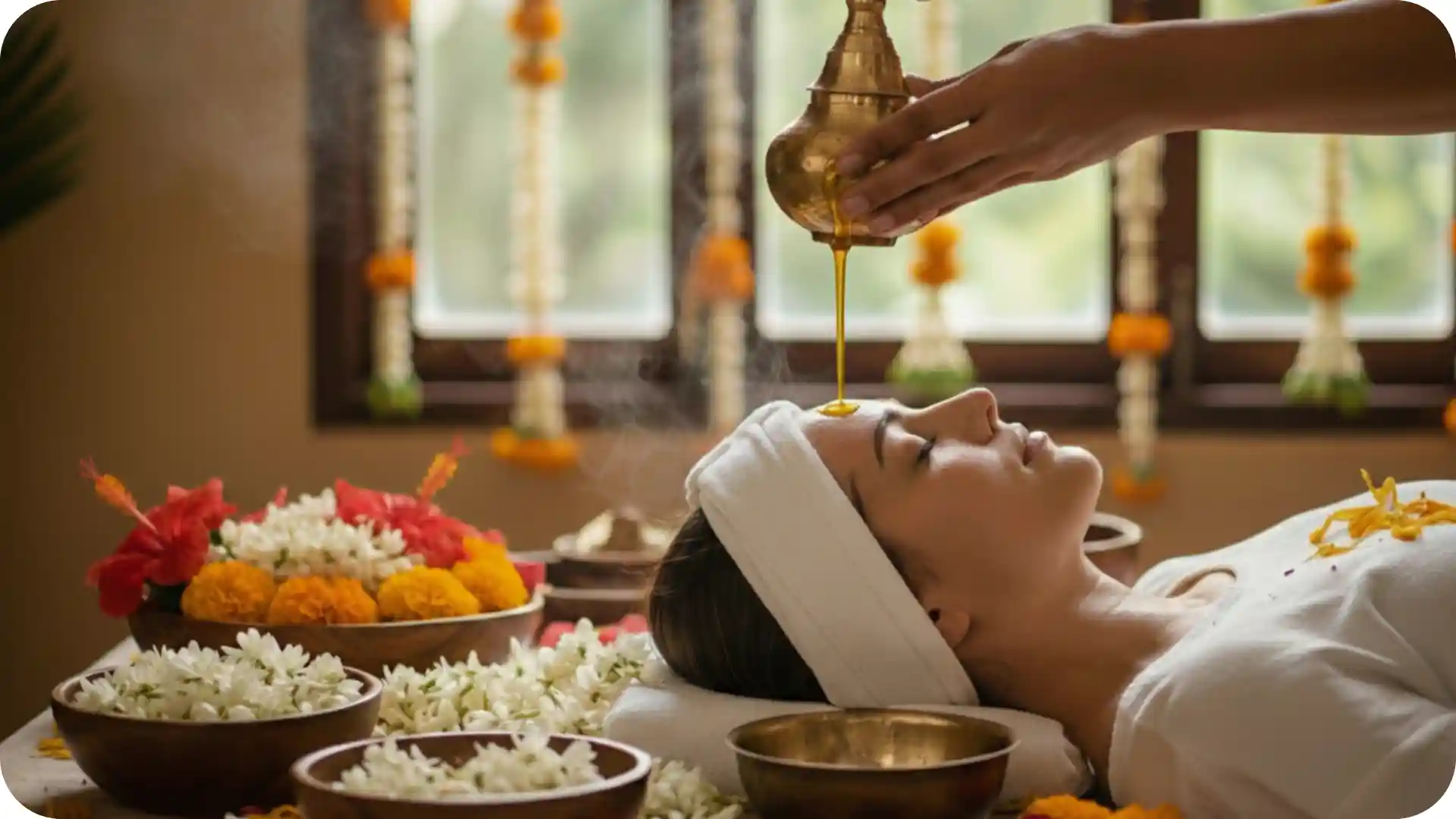 Woman receiving relaxing Ayurveda shirodhara therapy with warm herbal oil and flower decor at a luxurious Kerala spa wellness retreat