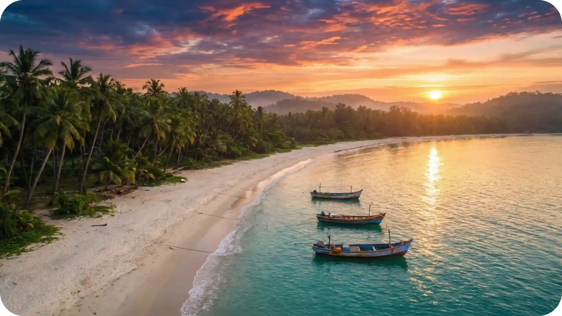Kerala Malabar Coast at sunset with traditional fishing boats, pristine sandy beach, coconut palm trees, turquoise waters, and golden-hour sky – Ghumora luxury coastal travel