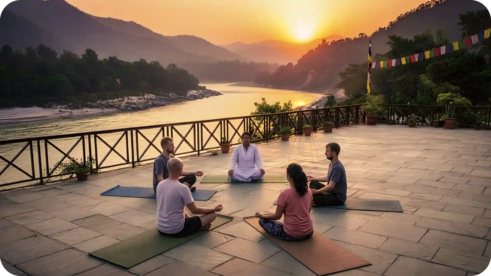 Sunrise yoga and meditation session beside the Ganga River in Rishikesh with Himalayan mountains, peaceful terrace setting and Ayurveda-inspired wellness retreat atmosphere