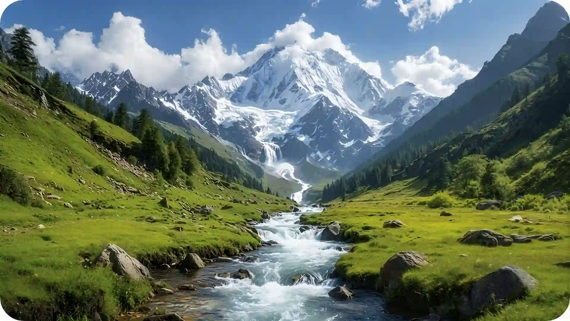 Snow-capped Himalayan peak with a river flowing through a green valley, showcasing Ghumora’s offbeat Nepal adventure travel package