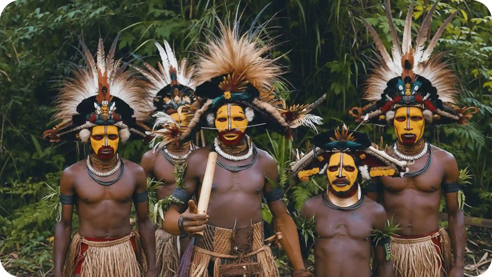 Dani tribe men in traditional feather headdresses and woven grass attire standing in West Papua jungle, showcasing ancestral rituals and deep cultural immersion experience Indonesia